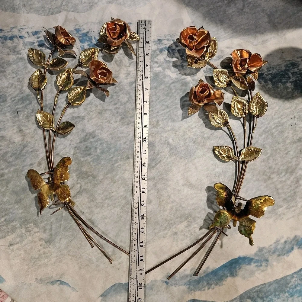 Vintage Metal Rose Wall Decor‎ Gold Copper Butterflies Floral Hanging 20